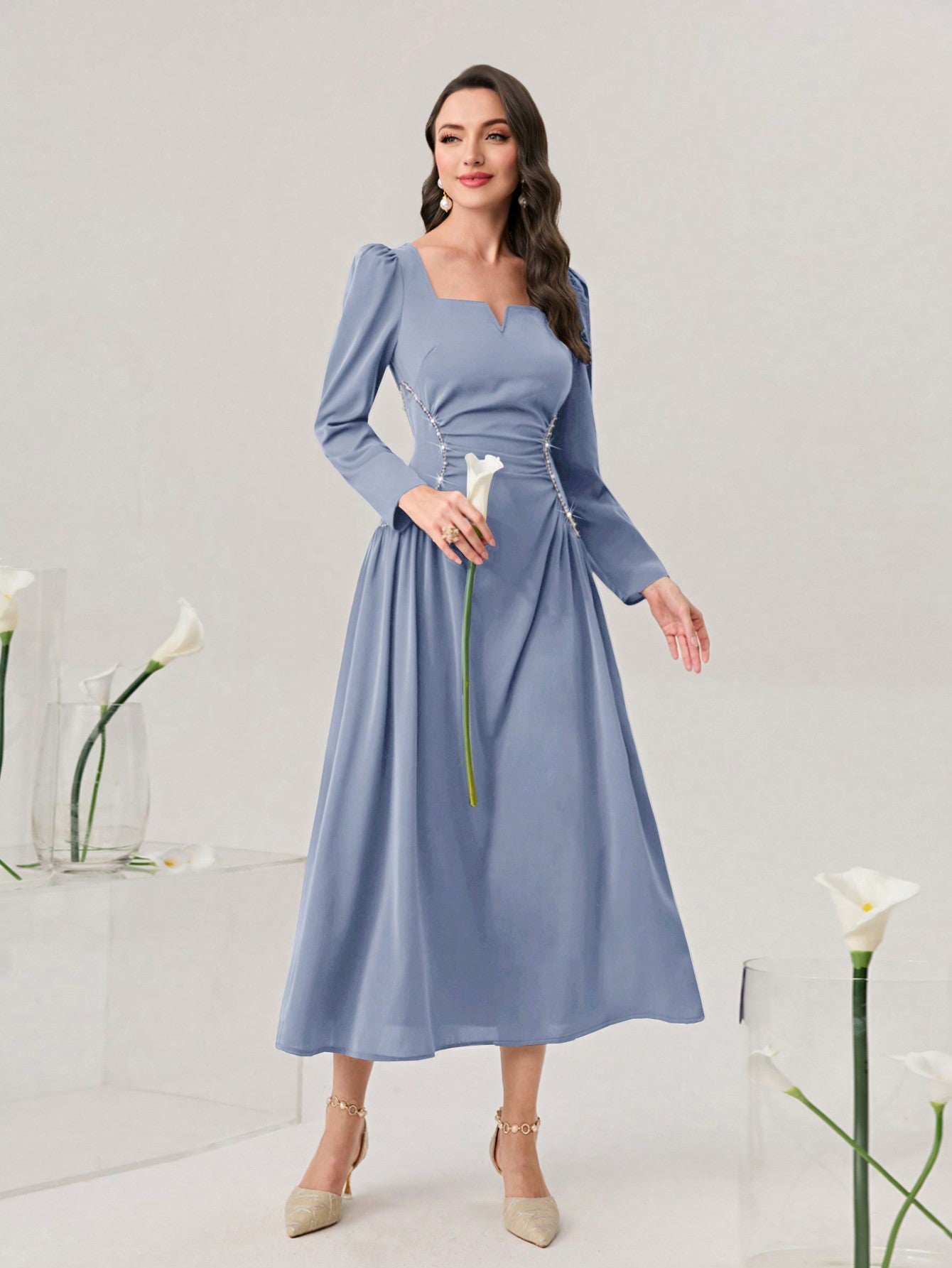 Sweetheart Neck Puff Sleeve Ruched Front Formal  Dress