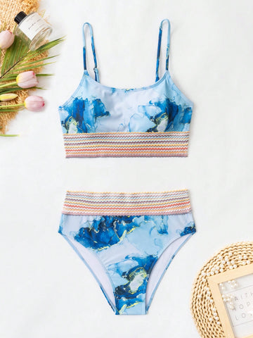 Women'S Marble Print Splicing Strap Swimwear Set