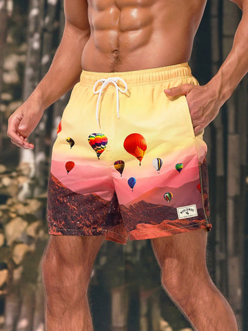 Men'S Hot Air Balloon Printed Drawstring Waist Beach Shorts