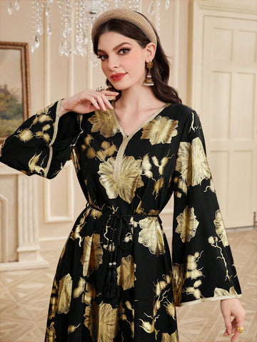 Ladies' Golden Plant Printed Arabic Style Dress With Flared Sleeves