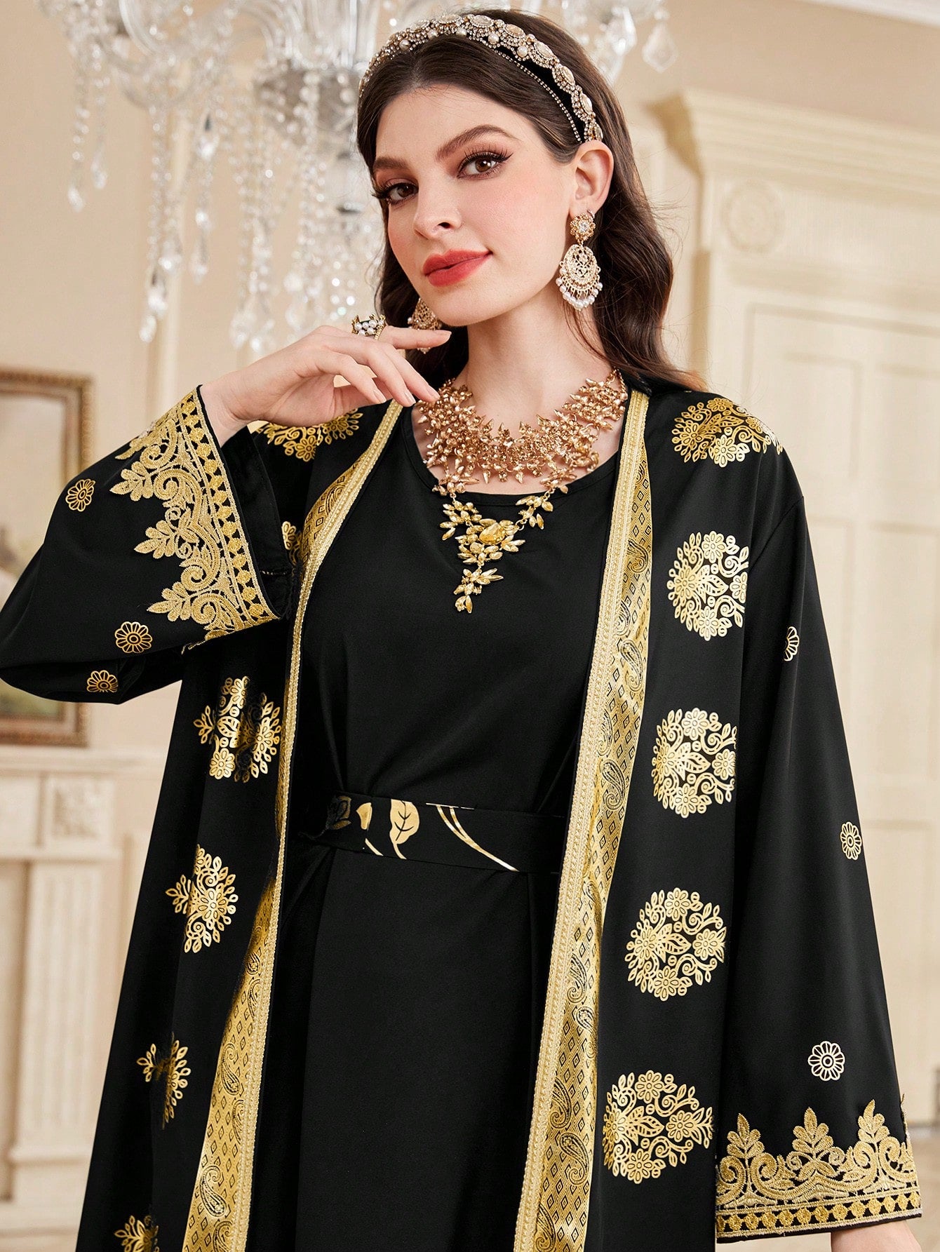 Women's Gold Floral Printed Embroidery Jacket And Dress Set, Modest Full Length Kaftan Set