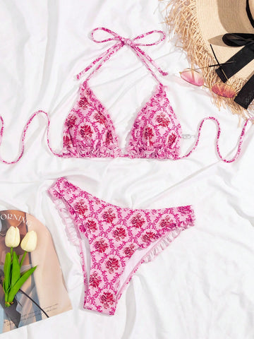 Floral Print Halter Neck Two-Piece Swimsuit