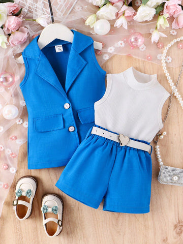 Baby Girl Stand Collar Sleeveless Jacket & Vest And Shorts Set With Belt