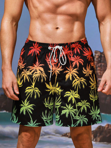 Men's Coconut Tree Printed Drawstring Beach Shorts