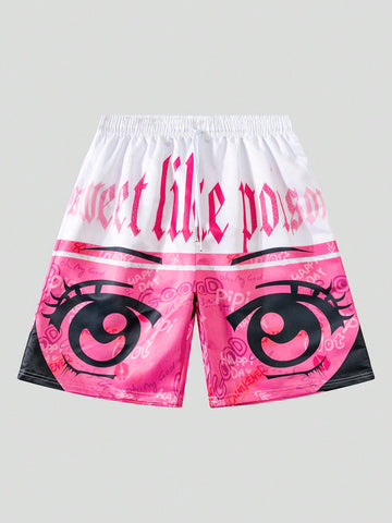 Men's Eye & Slogan Printed Woven Shorts, Suitable For Daily Wear In Spring And Summer