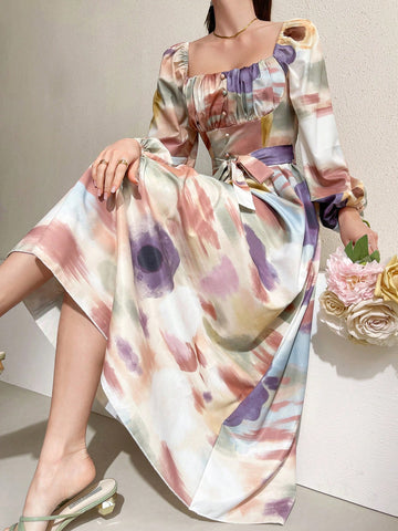 Women's Tie Dye Pleated Lantern Sleeve Dress