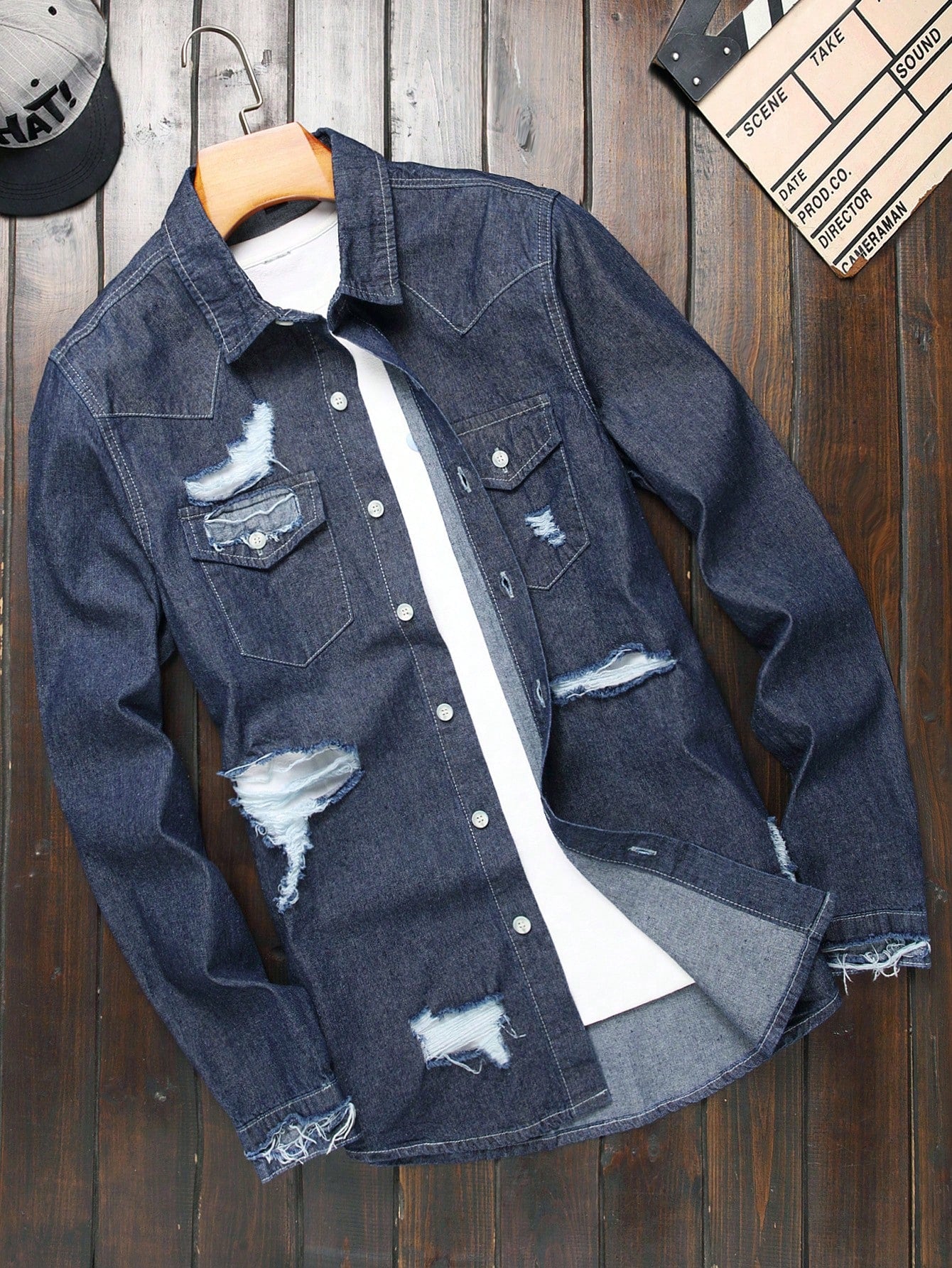 Men's Distressed Long Sleeve Denim Shirt