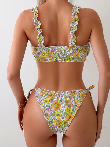 Women's Cottage Core Flower Print Knot Front Two Pieces Bikini Set