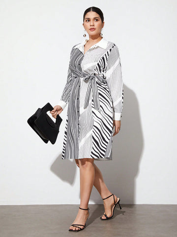 Plus Size Color Block Striped Spliced Wrap Belted Dress