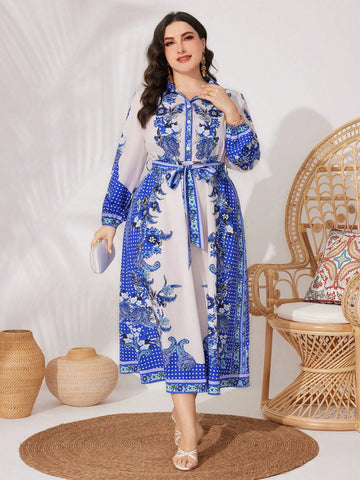 Plus Size Lantern Sleeve Shirt Dress With Belt