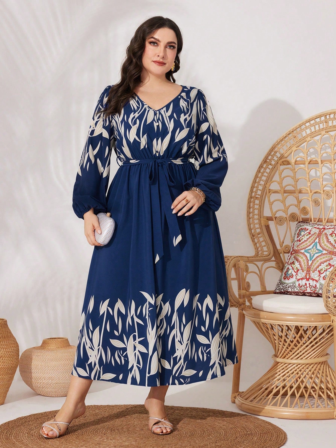 Plus Size Botanical Print Lantern Sleeve Dress