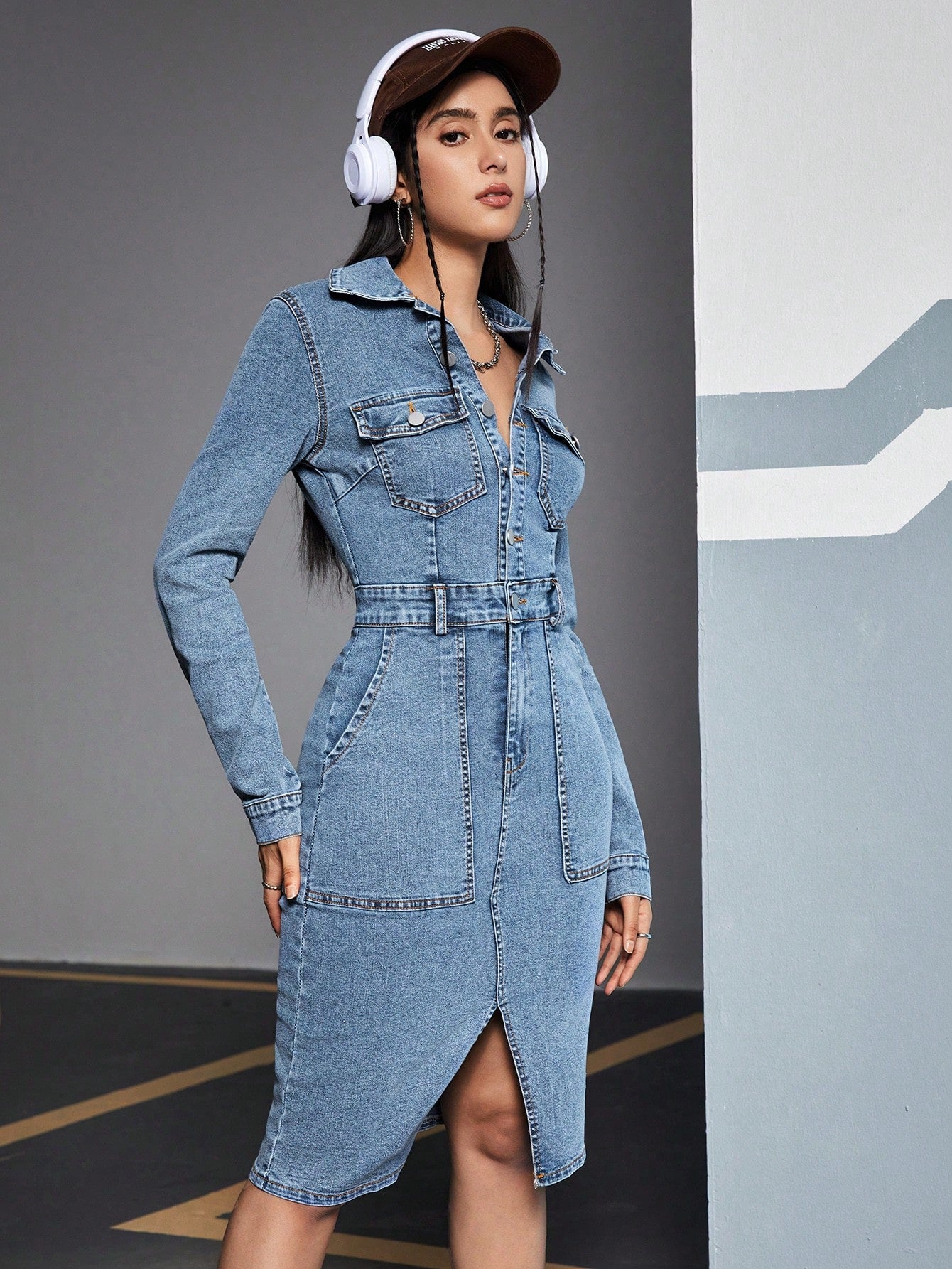 Women's Front Split Shirt Denim Dress