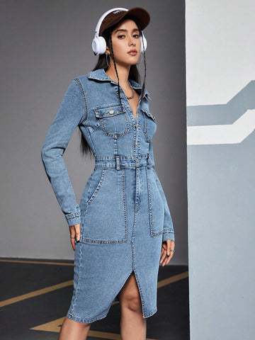 Women's Front Split Shirt Denim Dress