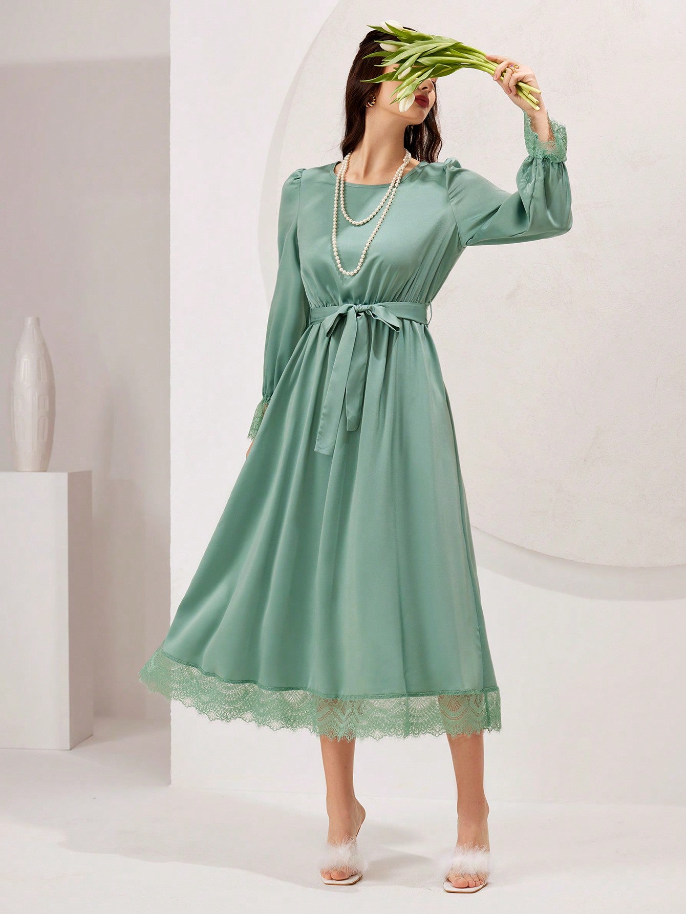 Ladies' Lace Cuff Belted Bell Sleeve Dress