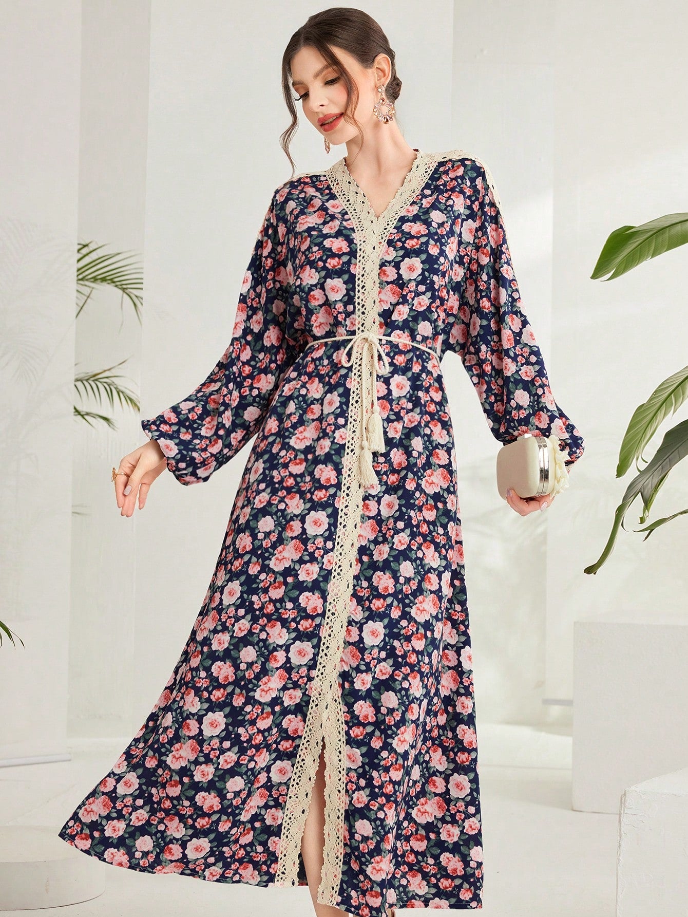 Women's Floral Printed Lantern Sleeve Arabian Dress