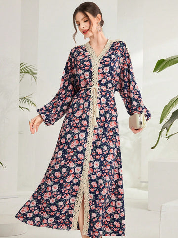 Women's Floral Printed Lantern Sleeve Arabian Dress