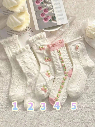 5pcs/set Pink & White Mixed Mid-calf Socks Korean Style Trendy, Sporty, Cute And Versatile For Spring And Autumn