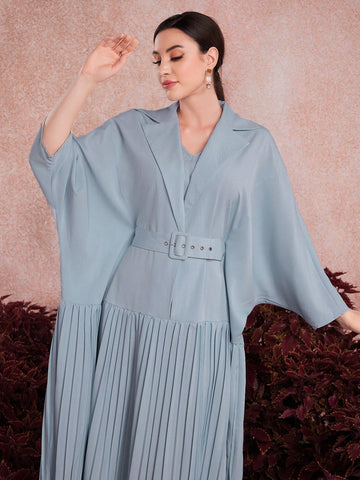 Batwing Sleeve Belted Kaftan With Pleated Hem