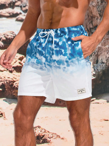 Men's Drawstring Waist Gradient Color Beach Shorts With Diagonal Pockets