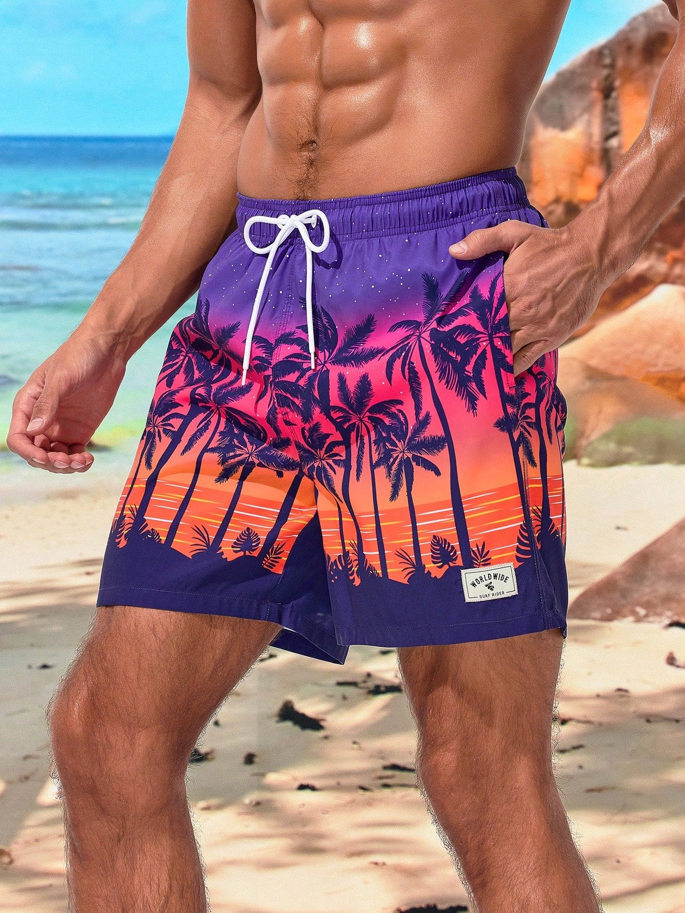 Men's Palm Tree Printed Drawstring Waist Beach Shorts