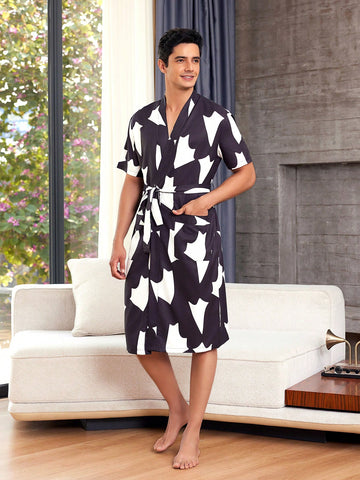 Men's Short Sleeve Robe With All-Over Print, Home Clothes