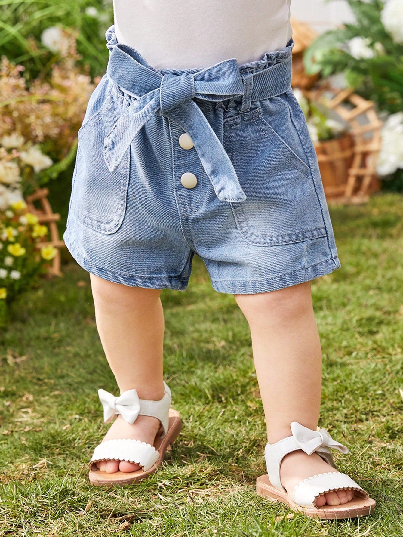 Baby Girl Basic Casual Vacation Style Light Blue Washed Denim Shorts With Flower Embellished Waistband, Pockets And Belt Loops