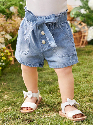 Baby Girl Basic Casual Vacation Style Light Blue Washed Denim Shorts With Flower Embellished Waistband, Pockets And Belt Loops