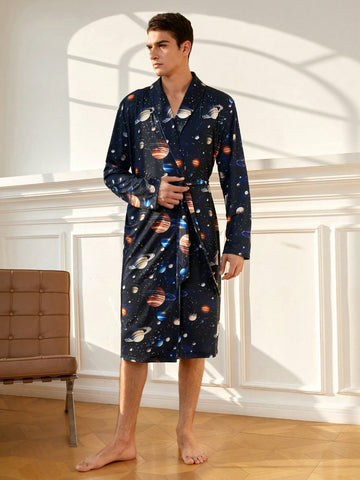 Men's Long Sleeve Universe Printed Robe