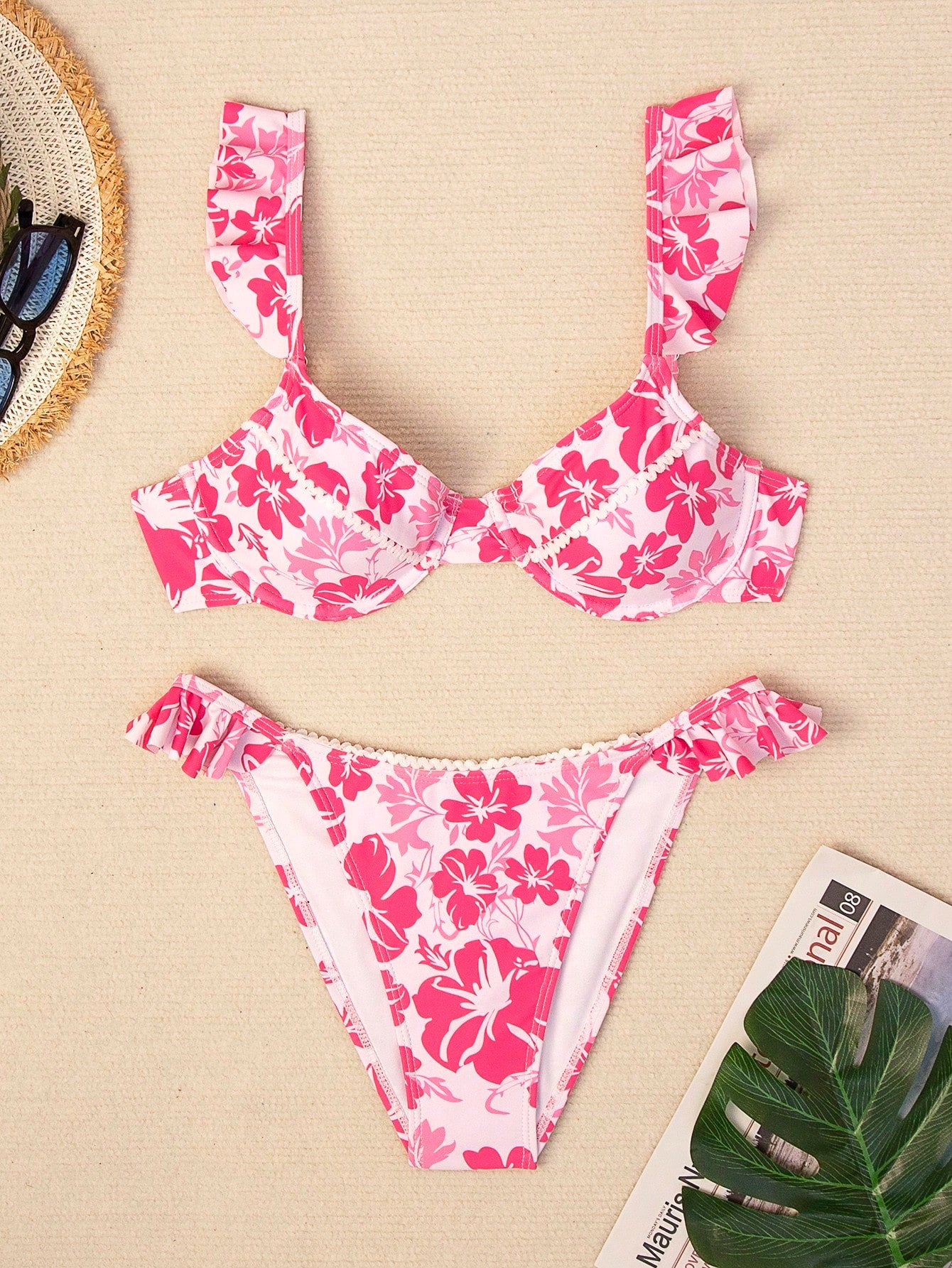 Random Floral Printed Bikini Swimwear Set With Ruffled Hem Details