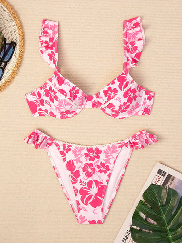 Random Floral Printed Bikini Swimwear Set With Ruffled Hem Details