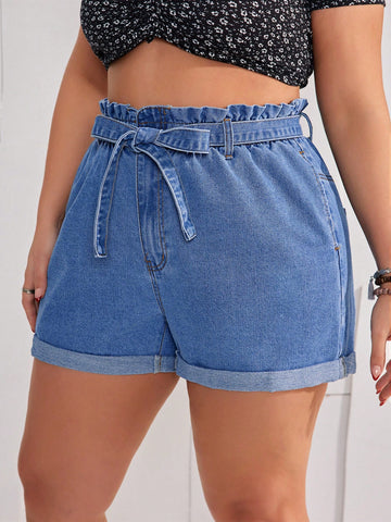 Plus Size Women's High-Waisted Denim Shorts With Ruffle Hem