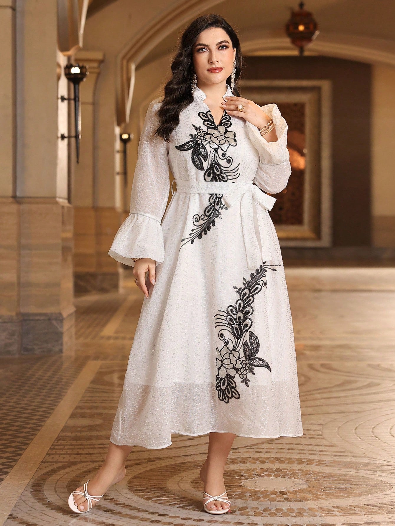 Plus Size Floral Sequin Notch Neck Bell Sleeve Dress