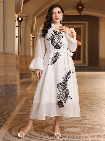 Plus Size Floral Sequin Notch Neck Bell Sleeve Dress