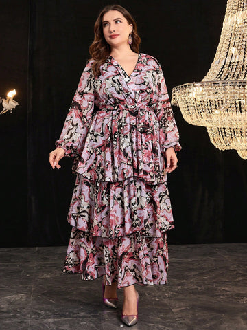 Plus Size Women's Printed Lantern Sleeve Dress