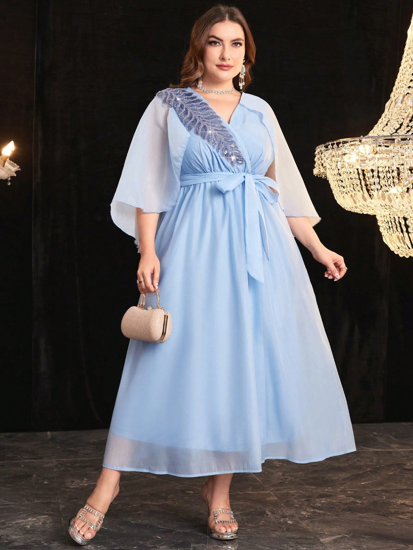 Plus Size Glitter Embroidery Applique Cape Sleeve Belted Dress