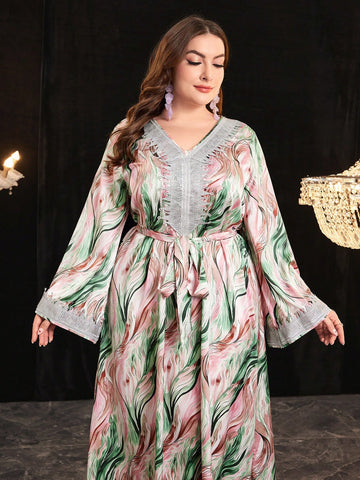 Plus Size Long Sleeve Embroidered Floral Detail Belted Dress