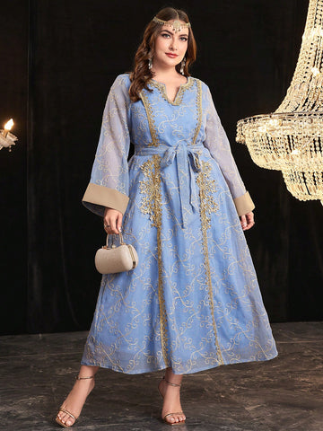 Plus Size Women's Arabic Style Long Sleeve Dress With Embroidery Mesh Decoration