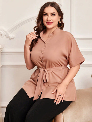 Plus Size Women's Solid Color Short Sleeve Shirt