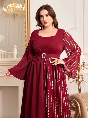 Plus Size Geometric Pattern Flare Sleeve Asymmetrical Hem Dress