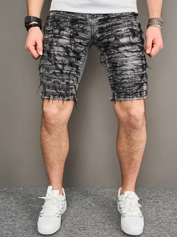 Men's Tight-Fit Denim Shorts With Patchwork And Furry Hem