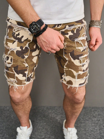 Men's Camouflage Patchwork Fleece Denim Shorts