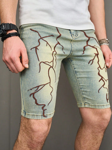 Men's Water-Washed Jeans Shorts With Embroidery Detail