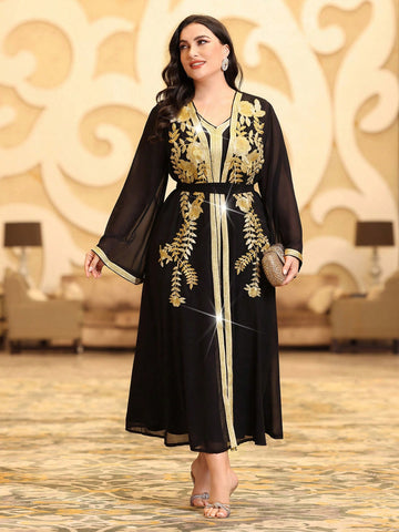 Plus Size Embroidered Patchwork Jacket And Ribbon Patchwork Dress , Belted Moroccan Kaftan