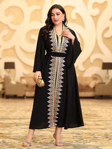 Plus Size Embroidery Patchwork Jacket & Woven Belt Patchwork Dress