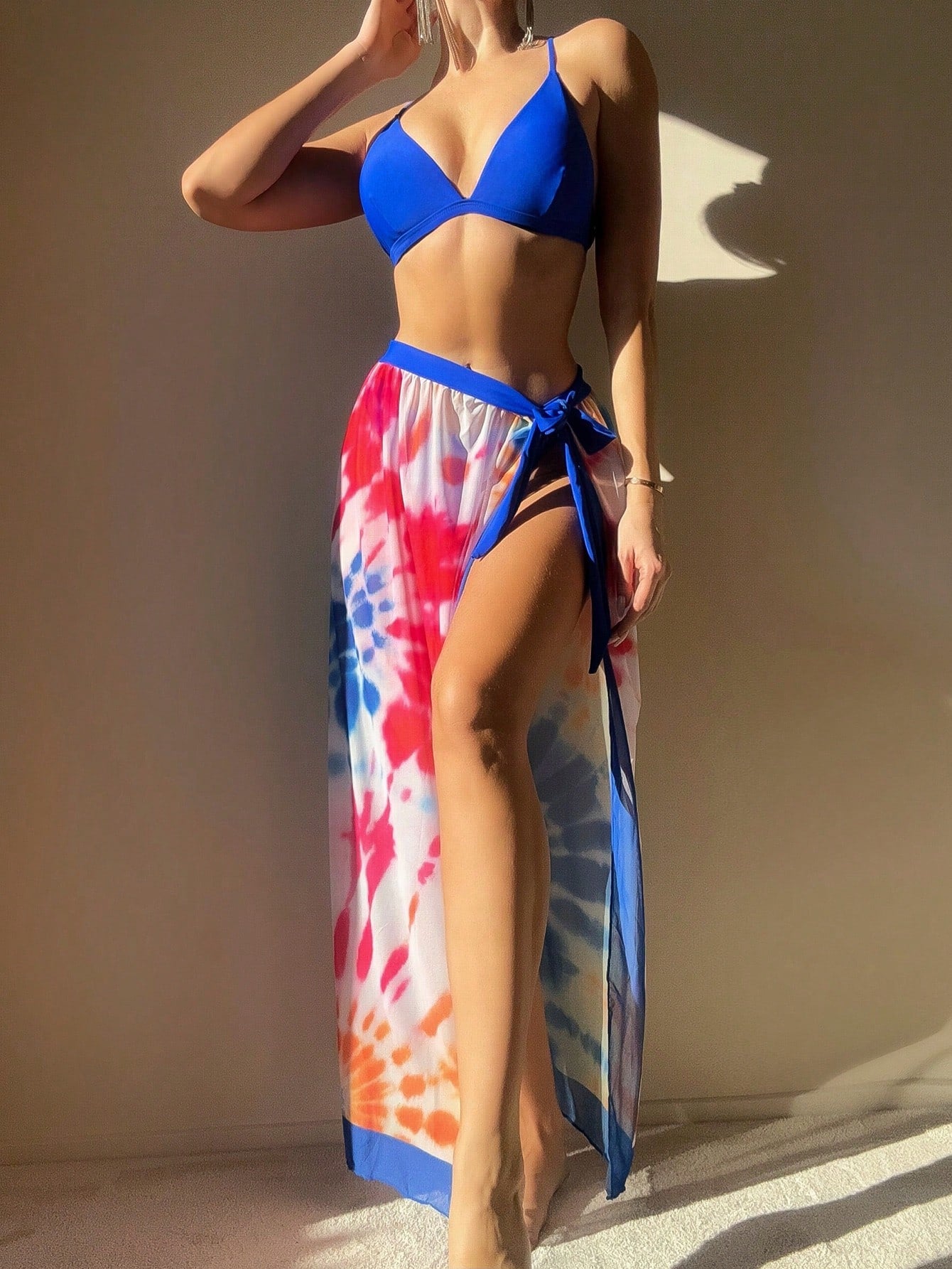 3pcs/Set Women's Bikini Set, Halter Triangle Top Swimwear Solid Color With Blue Print, Including Beach Skirt Cover Up