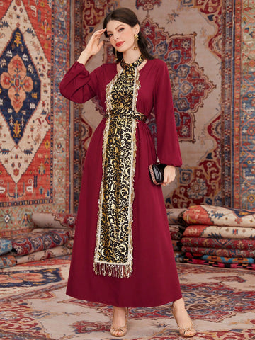 Arabian Style Lantern Sleeve Dress With Gold Foil Floral Print