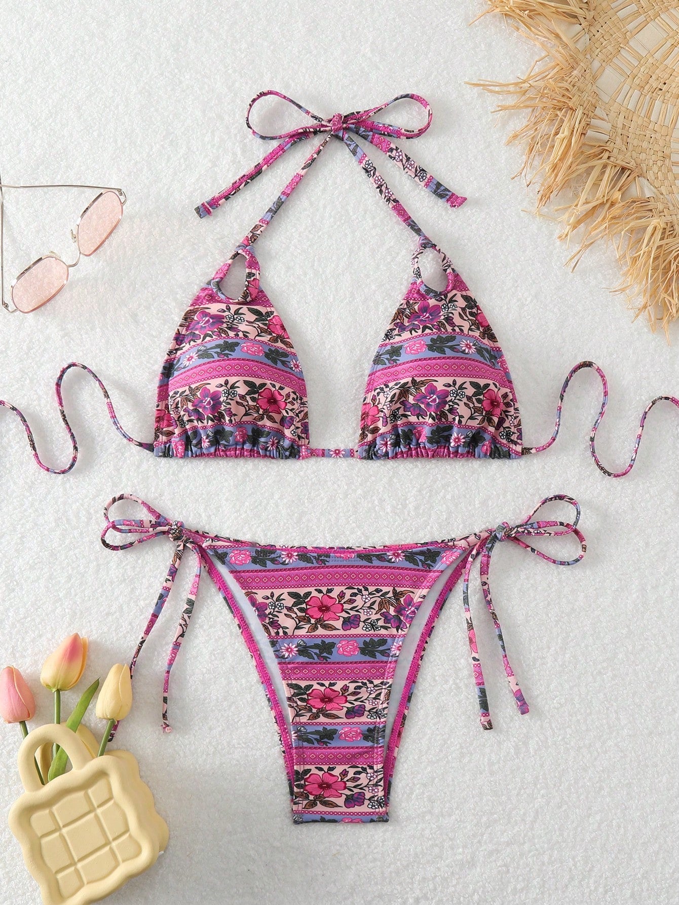 Women's Floral Printed Halter Neck Tie Swimsuit Set