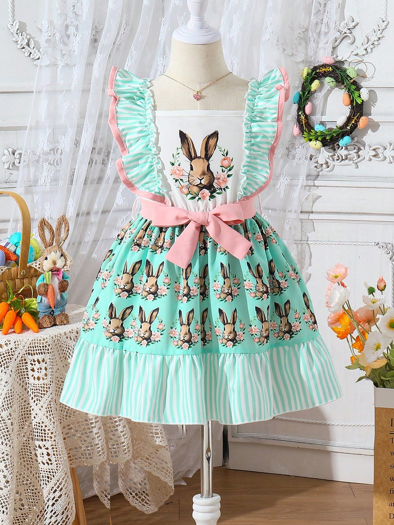 Young Girl Cute And Playful Rabbit Print Dress With Ruffled Hem In Spring And Summer