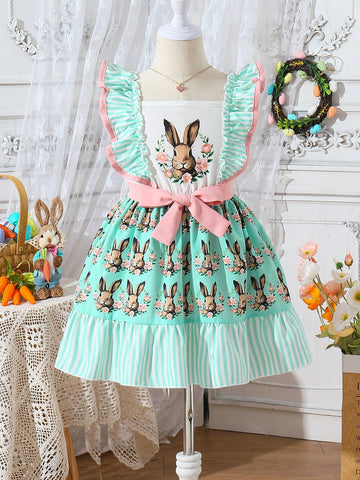 Young Girl Cute And Playful Rabbit Print Dress With Ruffled Hem In Spring And Summer