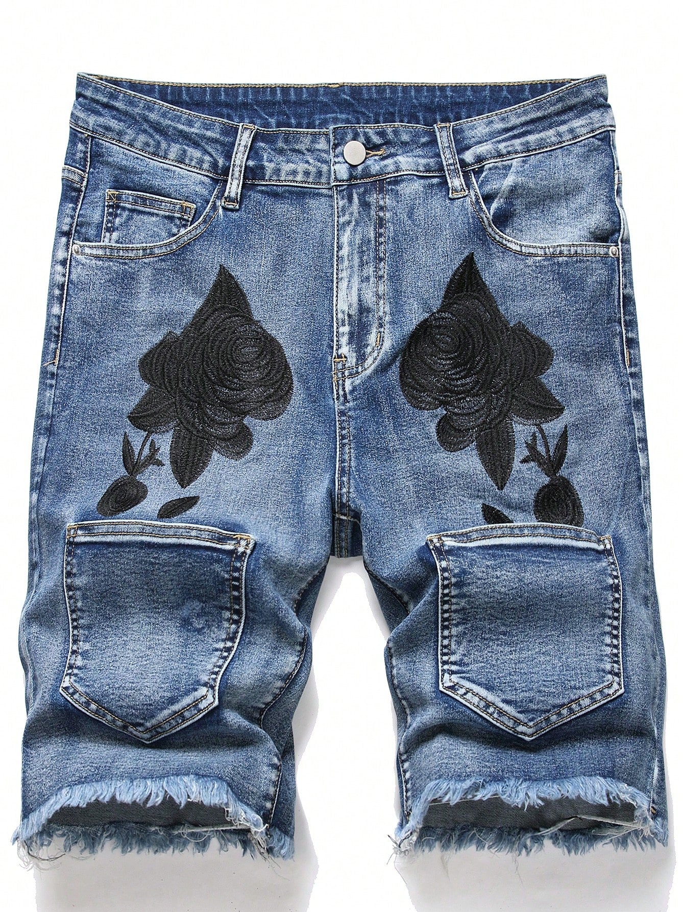 Men's Floral Embroidery Frayed Denim Shorts